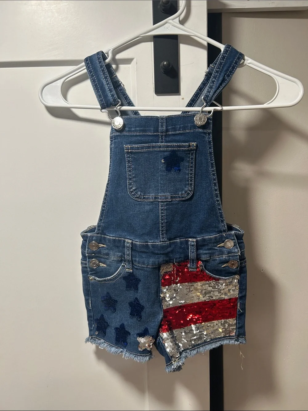 Justice Dark Denim Short Overalls with Red, Silver and Blue Sequin Flag